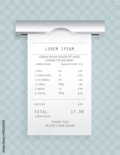 Payment check paper document poked out of cash register. Buying financial invoice bill purchasing calculate pay. Receipt the seller forms at online checkout for transfer to buyer. ATM receipt check