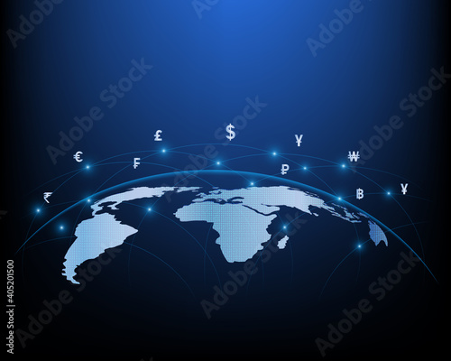 Business network and global currency exchange icons on the world map