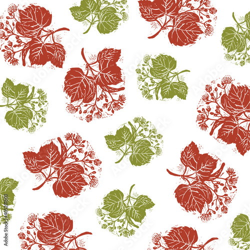 Vector pattern of green and orange linden leaves. 