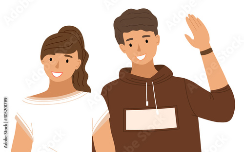 Young people in casual clothes isolated on white background. Happy friends guy and girl, couple in love. Smiling man and woman waving hand. Married couple husband and wife. Colleagues portrait