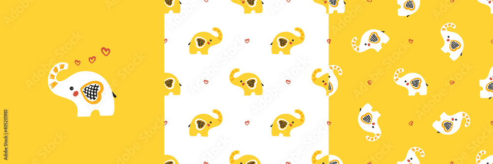 Cute Baby Elephant. Vector Set of Poster or Print and Seamless Patterns with Little Elephants and Hearts. Yellow Backgrounds for Kids. Perfect for Birthday or Baby Shower Decor
