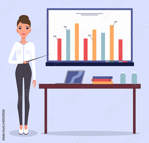 Young beautiful slender businesswoman or top manager in a white blouse, black trousers and shoes points to a large bar chart with percentage numbers. Demonstration of business workflow statistics