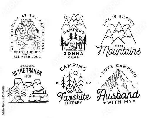 Vintage line art logo designs set. Camping adventure badges emblems. Camp label, hiking insignias bundle. Silhouette linear concept. Stock vector collection