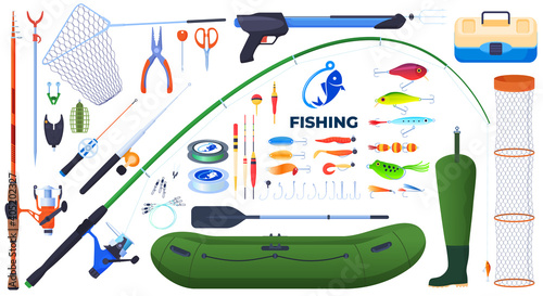 Equipment for fishing. Fishing rods, fishing line, hooks, floats, bait, boat, fishing boots, net. Vector illustration