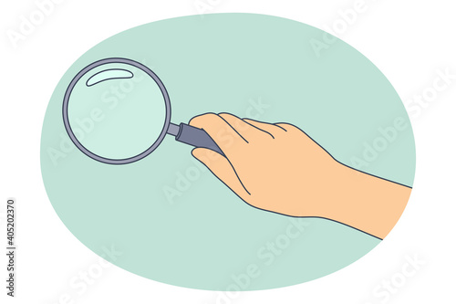 Investigation, exploration, interest concept. Human hand with magnifier enlarging details of green wall for studying researching small things vector illustration