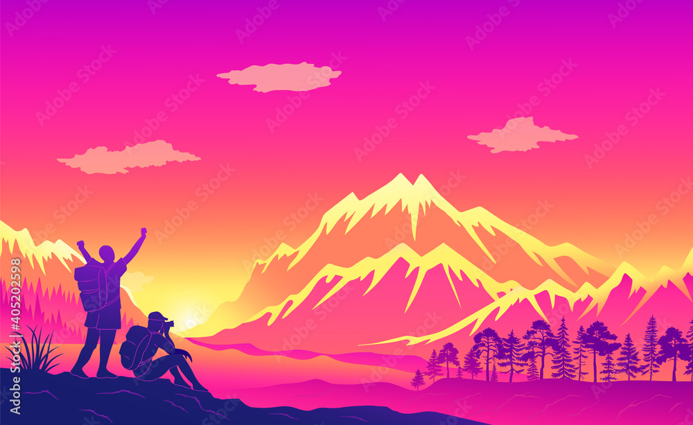 Naklejka premium Beautiful mountaine landscape background sunset time. Silhouette of a tourist man photographer taking a photo and a male person traveler with a backpack on his shoulders raising his hands up