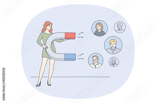 Marketing, selection, leadership concept. Young positive business woman human resources specialist cartoon character standing with magnet and selecting good candidates for company 
