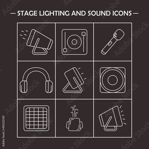 Stage lighting and sound equipment icon set. Vector editable line elements
