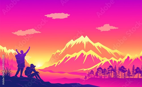 Beautiful mountaine landscape background sunset time. Silhouette of a tourist man photographer taking a photo and a male person traveler with a backpack on his shoulders raising his hands up
