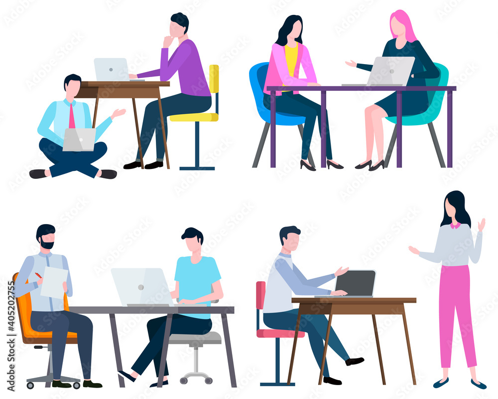 Man and woman working in office vector, isolated set of workers. Boss and employees, developers with laptops and computers with information flat style