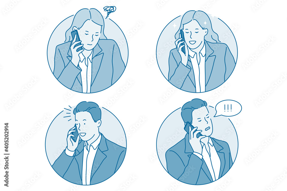 Business communication, using phone concept. Young business people man and woman cartoon character talking and discussing projects on phone feeling thoughtful positive and angry illustration Business communication, using phone concept. Young business people man and woman cartoon character talking and discussing projects on phone feeling thoughtful positive and angry illustration
