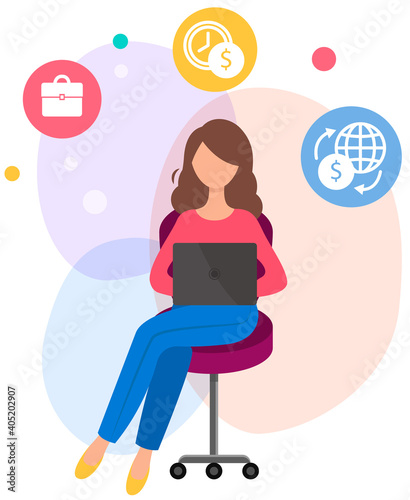Woman with laptop orders goods via network. Online shopping using computer vector illustration. Female character works with technology and chooses things on site. Business transactions on the Internet