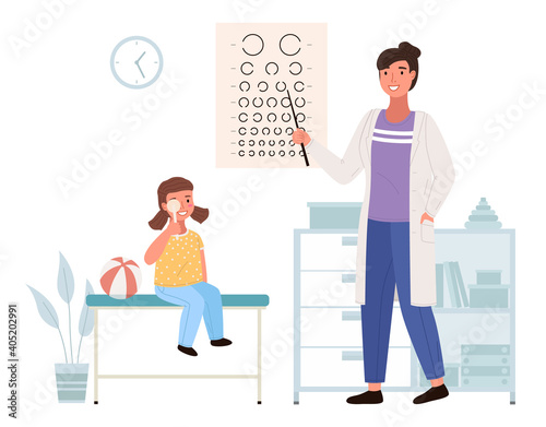 Optometrist checks the child s eyesight. Table for testing visual acuity in the medical office. Doctor in white coat conducting study of state of vision. Girl at the appointment with ophthalmologist
