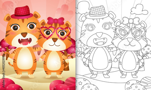 Fototapeta Naklejka Na Ścianę i Meble -  coloring book for kids with a cute tiger couple themed valentine day