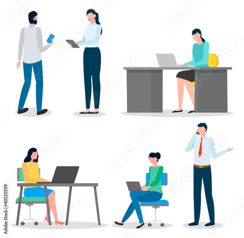 Business characters working at their workplaces at the table with computers flat design. People man and woman office workers set. Businesspeople communicating, common office life vector illustration