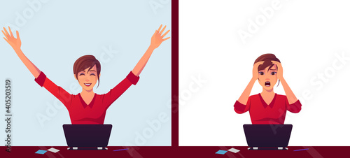Businesswoman celebrating and devastated expressions Premium Vector