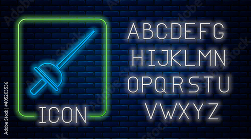 Glowing neon Fencing icon isolated on brick wall background. Sport equipment. Neon light alphabet. Vector.
