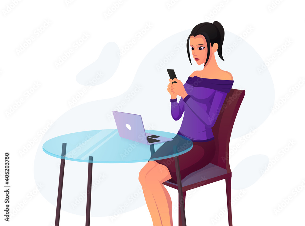 Beautiful girl texting on her phone while sitting on a chair in-front of her laptop Premium Vector Beautiful girl texting on her phone while sitting on a chair in-front of her laptop Premium Vector