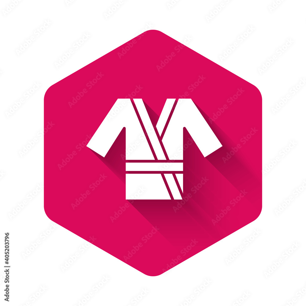 White Japanese traditional costume Kimono icon isolated with long shadow background. Pink hexagon button. Vector. White Japanese traditional costume Kimono icon isolated with long shadow background. Pink hexagon button. Vector.