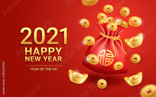 Chinese new year 2021 gold ingot golden coins and red bag on greeting card background. Vector illustrations.