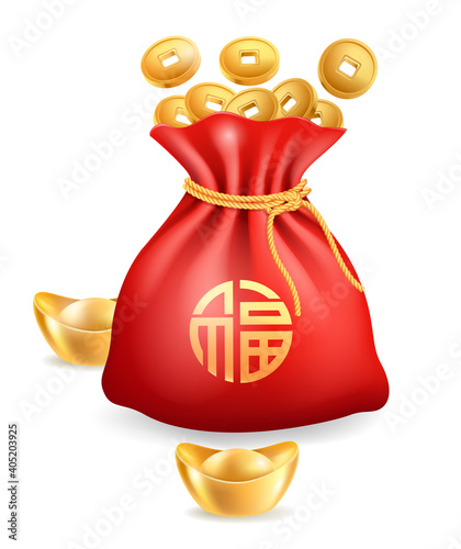 Chinese gold ingot golden coins and red bag. Vector illustrations.