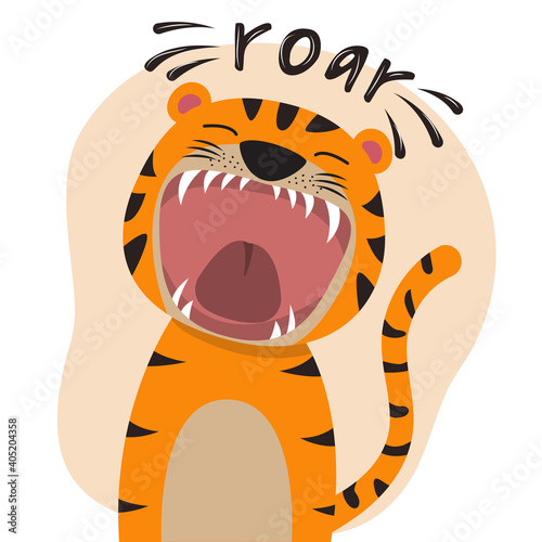 Cute cartoon tiger with open mouth roaring.