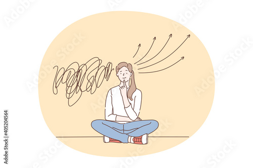 Choice, decision, confidence concept. Young smiling woman cartoon character sitting on floor with various thoughts in mind and deciding choosing one clear position vector illustration 