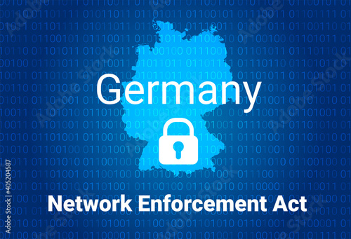 Network Enforcement Act. NetzDG in Germany. Blue map of Germany on a blue background with a binary code. Vector background photo