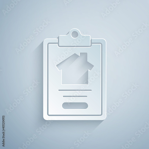 Paper cut House contract icon isolated on grey background. Contract creation service, document formation, application form composition. Paper art style. Vector. © vector_v