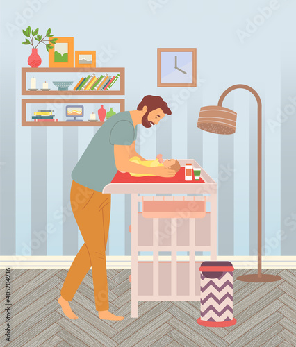A young bearded father swaddles his baby on a changing table. Baby Care Spend time together. Household chores, parental duty. Cozy bedroom or living room. Flat happy family fatherhood concept