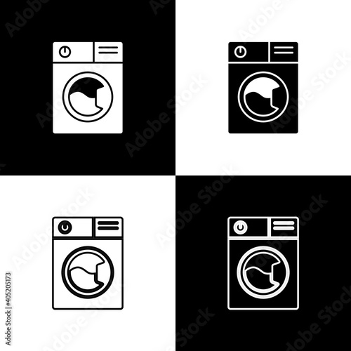Set Washer icon isolated on black and white background. Washing machine icon. Clothes washer - laundry machine. Home appliance symbol. Vector.