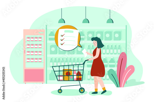 Women shopping at supermarket with list of product and shopping cart walking. Shelves of product indoor supermarket Vector illustration flat design