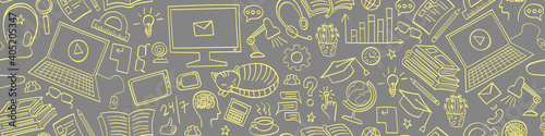 Online education seamless horizontal border. Distance learning yellow doodles on gray background. Vector illustration.