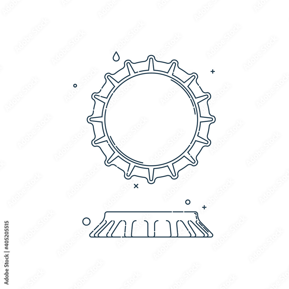 Contour flat illustration with a bottle cap on a white background. One kind of image. Cover metal cork. Isolated element. Line art design. Top view. Outline a drink object