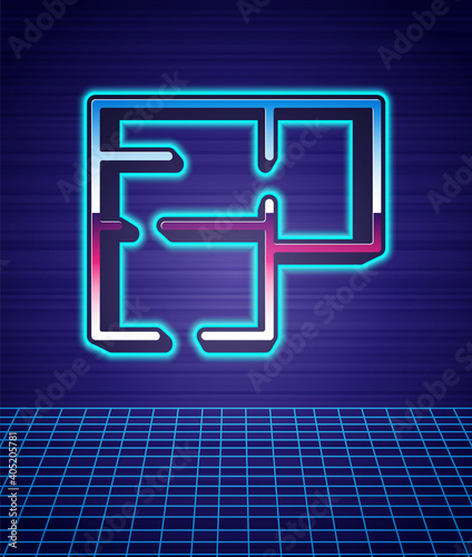 Retro style House plan icon isolated futuristic landscape background. 80s fashion party. Vector.