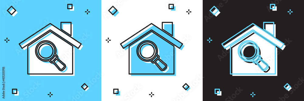 Set Search house icon isolated on blue and white, black background. Real estate symbol of a house under magnifying glass. Vector. Set Search house icon isolated on blue and white, black background. Real estate symbol of a house under magnifying glass. Vector.