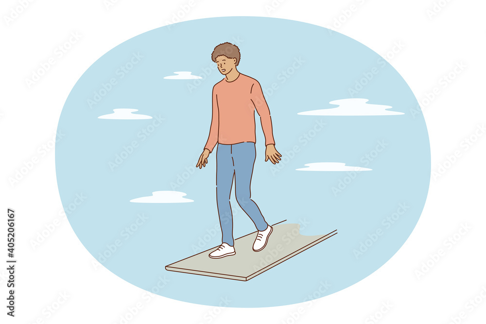 Challenge, risk, fear concept. Young frustrated boy cartoon character standing at edge of footpath near gap and unknown feeling not sure unconfident and lost vector illustration