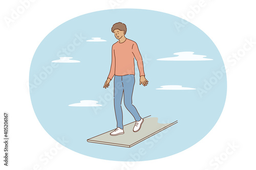 Challenge, risk, fear concept. Young frustrated boy cartoon character standing at edge of footpath near gap and unknown feeling not sure unconfident and lost vector illustration
