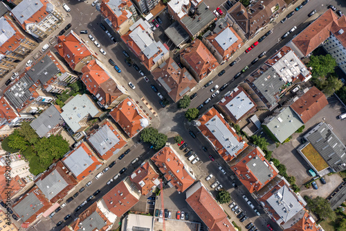 Overhead aerial photo of Stuttgart suburb street in Germany at summer noon