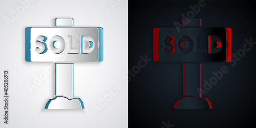 Paper cut Hanging sign with text Sold icon isolated on grey and black background. Sold sticker. Sold signboard. Paper art style. Vector.