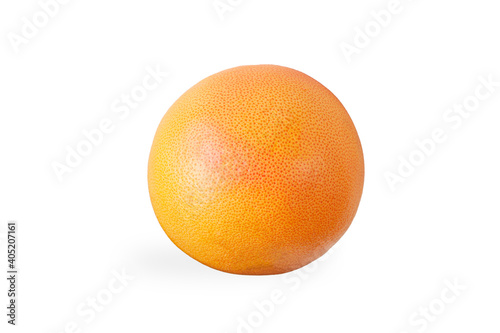Fresh orange cut grapefruit whole, half and slices isolated on white background.