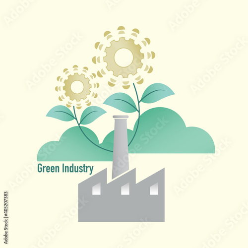 Factory symbol on background of gear wheels blooming flower as a gimmick of green industry. Vector illustration outline flat design style.