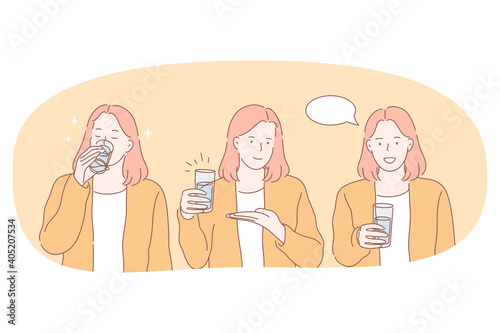 Drinking pure water concept. Young smiling woman cartoon character showing clean water and drinking water from glass for refreshing vector illustration 