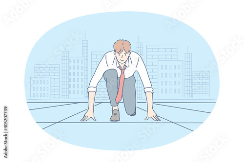 New opportunities, challenge, startup concept. Young confident businessman cartoon character sitting and ready to start for new business goals and targets vector illustration. Competition race win