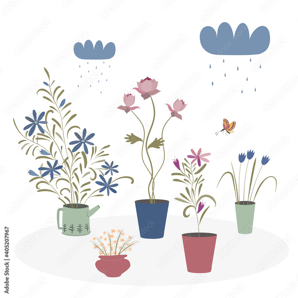 Houseplants in pots in hand drawn style isolated on a white background. The rain is watering the flowers. Houseplants in pots in hand drawn style isolated on a white background. The rain is watering the flowers.