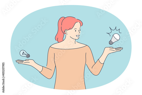 Choice, doubt, decision concept. Young smiling woman cartoon character standing with light bulbs ob hands and trying to decide which one to choose vector illustration 