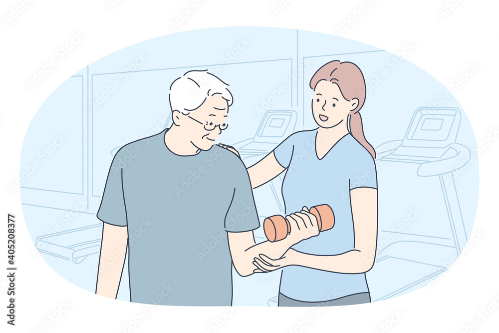 Fitness coach, rehabilitation, active lifestyle concept. Young smiling woman cartoon character sports instructor helping elderly man with right exercising with dumbbells in gym vector illustration 