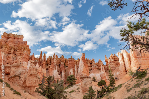 Views of sandstone spire shaped rock formations known as hoodoos at Bryce Canyon National Park, Utah, USA. 