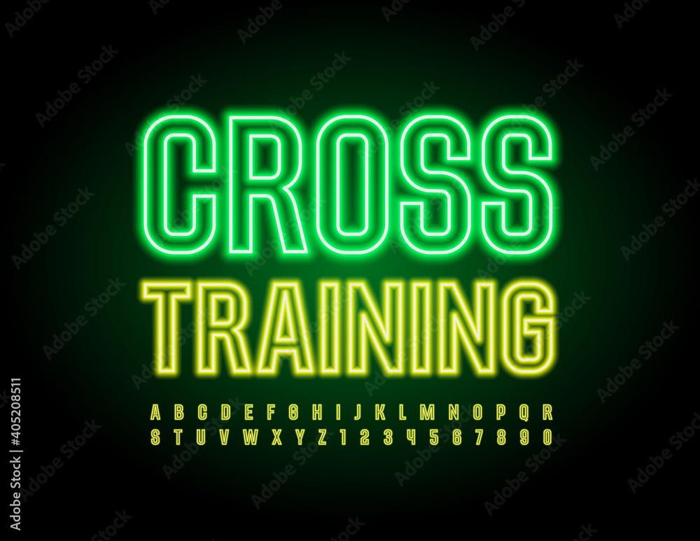 Vector sport emblem Cross Training. Neon Yellow FOnt. Glowing bright Alphabet Letters and Numbers set