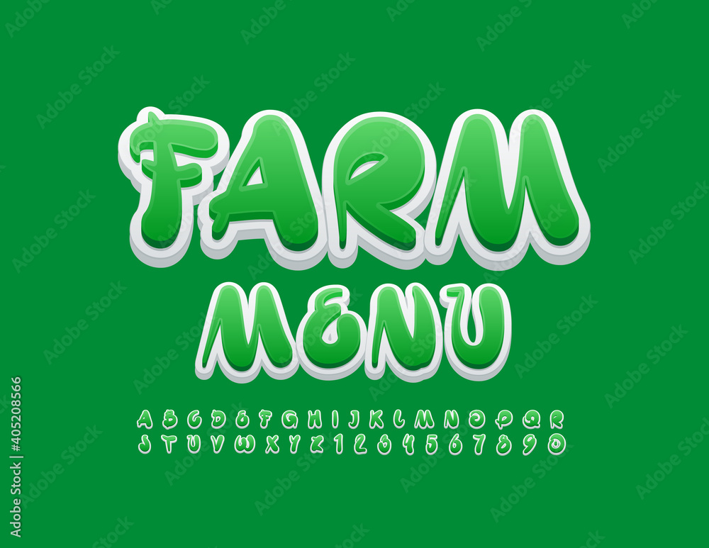 Vector creative emblem Farm Menu. Artistic style Font. White and Green Alphabet Letters and Numbers set Vector creative emblem Farm Menu. Artistic style Font. White and Green Alphabet Letters and Numbers set